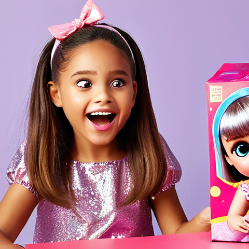 A young girl's face, eyes wide with sparkling wonder as she unwraps an L.O.L. Surprise! doll. Soft, magical light highlighting the doll's vibrant colors and her joyful expression. Focus on capturing the thrill of the unboxing experience.