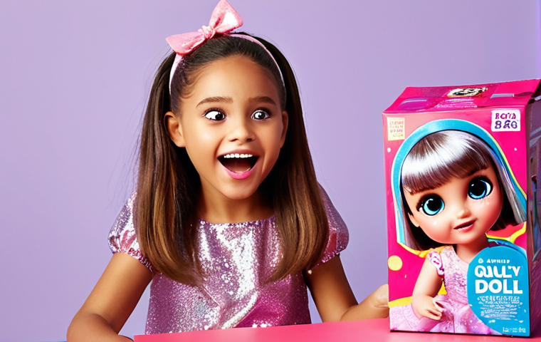 A young girl's face, eyes wide with sparkling wonder as she unwraps an L.O.L. Surprise! doll. Soft, magical light highlighting the doll's vibrant colors and her joyful expression. Focus on capturing the thrill of the unboxing experience.