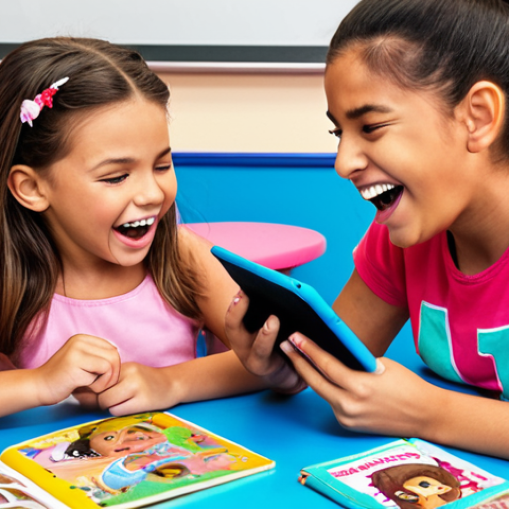 **Prompt:** A vibrant and colorful LOL Surprise themed classroom. Children are actively engaged with LOL Surprise AR learning materials on tablets. In the foreground, a mother and child are laughing together while using a LOL Surprise picture book. The atmosphere is bright, fun, and educational.