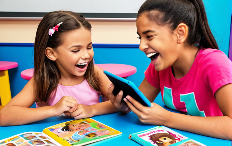 **Prompt:** A vibrant and colorful LOL Surprise themed classroom. Children are actively engaged with LOL Surprise AR learning materials on tablets. In the foreground, a mother and child are laughing together while using a LOL Surprise picture book. The atmosphere is bright, fun, and educational.