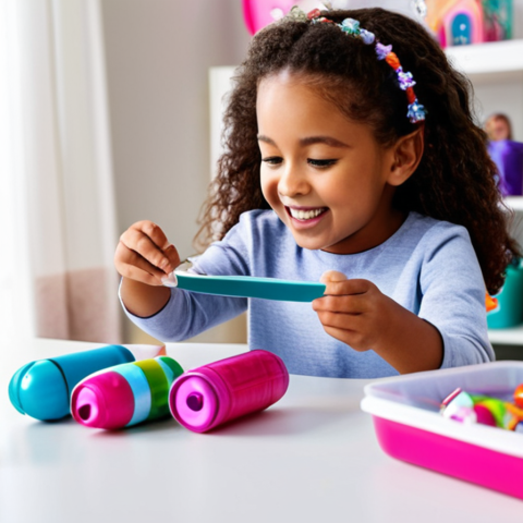 A joyful child, fully clothed in modest, colorful attire, sits at a clean, brightly lit table, excitedly unboxing a new L.O.L. Surprise! capsule. The table is adorned with several layers of unwrapped surprise elements like tiny bottles, shoes, and fashion accessories, hinting at the doll within. The child's hands are carefully peeling the final layer of the multi-layered capsule, revealing a peek of the doll. The scene captures a moment of pure anticipation and discovery. The background is a soft-focus, family-friendly playroom. Professional photography, high quality, perfect anatomy, correct proportions, natural pose, well-formed hands, proper finger count, appropriate content, safe for work.
