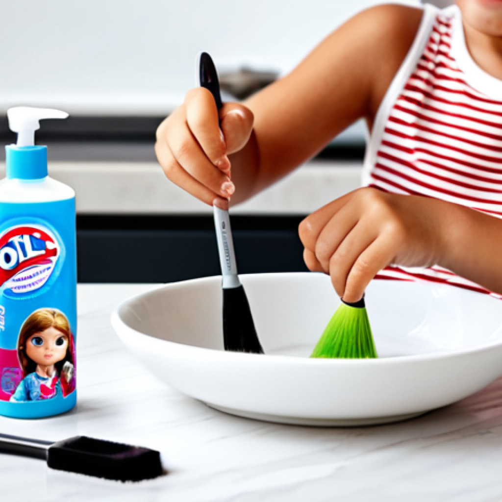 A young child, fully clothed in modest, comfortable attire, carefully brushing the tangled hair of an L.O.L. Surprise doll. The child's hands are gently holding a small doll's brush, guiding it through the doll's hair over a clean tabletop. In the background, a small bowl of water is subtly visible, suggesting a cleaning process. The scene emphasizes gentle care and focused activity. Professional photography, high quality, vibrant colors, perfect anatomy, correct proportions, natural pose, well-formed hands, proper finger count, natural body proportions. safe for work, appropriate content, fully clothed, modest, family-friendly.