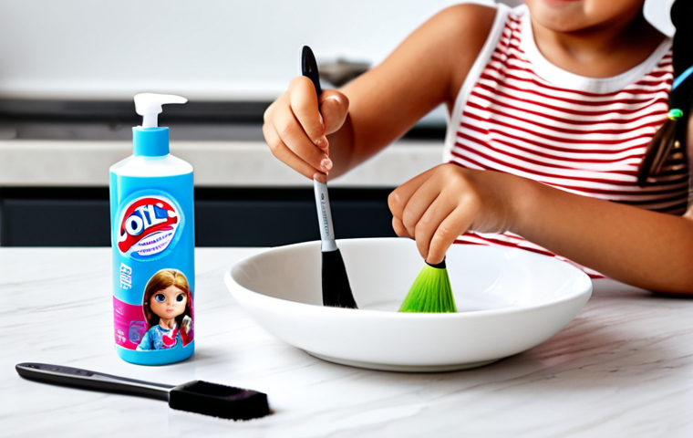 A young child, fully clothed in modest, comfortable attire, carefully brushing the tangled hair of an L.O.L. Surprise doll. The child's hands are gently holding a small doll's brush, guiding it through the doll's hair over a clean tabletop. In the background, a small bowl of water is subtly visible, suggesting a cleaning process. The scene emphasizes gentle care and focused activity. Professional photography, high quality, vibrant colors, perfect anatomy, correct proportions, natural pose, well-formed hands, proper finger count, natural body proportions. safe for work, appropriate content, fully clothed, modest, family-friendly.