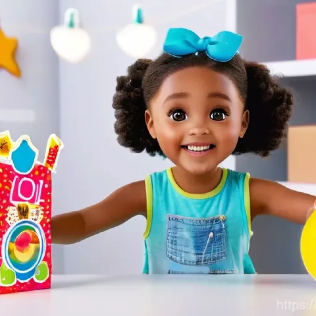 LOL 서프라이즈와 관련된 다양한 문화적 요소 - A joyful young girl, approximately 8 years old, with bright, sparkling eyes, is in the midst of unbo...