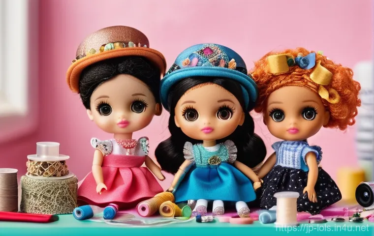 LOL 서프라이즈를 활용한 놀이 아이디어 - A vibrant close-up of several LOL Surprise dolls in a miniature DIY fashion studio. Each doll showca...