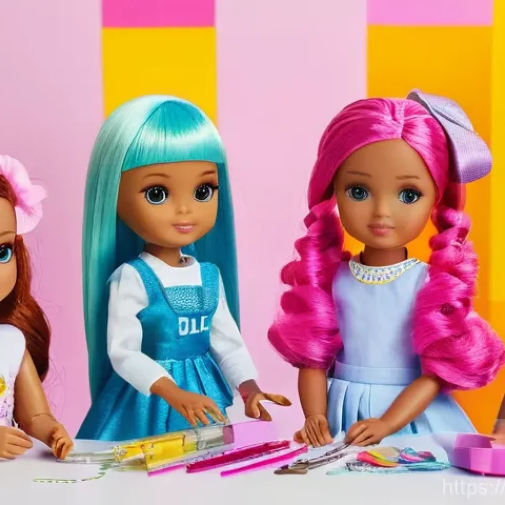 LOL 서프라이즈의 크리에이티브 아이디어 활용 - **"L.O.L. Surprise! Doll Fashion Design Studio"**: A brightly lit, cheerful scene showing a diverse ...
