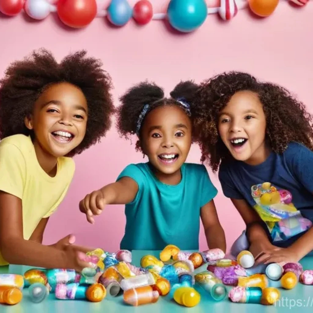 LOL 서프라이즈 장난감의 추천 리뷰 블로그 - **Prompt:** A vibrant, cheerful scene of a diverse group of children, around 6-10 years old, excited...