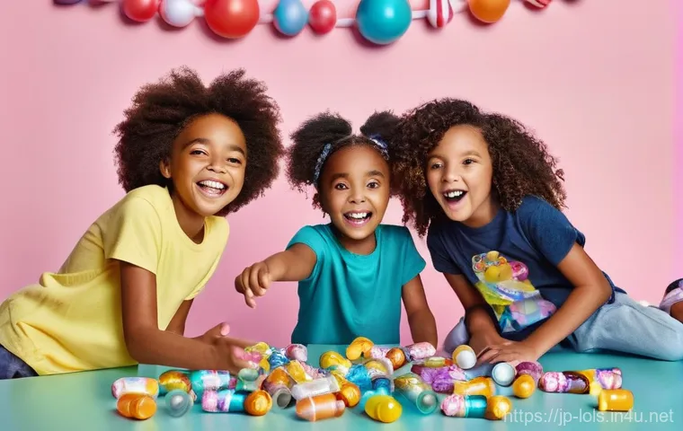 LOL 서프라이즈 장난감의 추천 리뷰 블로그 - **Prompt:** A vibrant, cheerful scene of a diverse group of children, around 6-10 years old, excited...