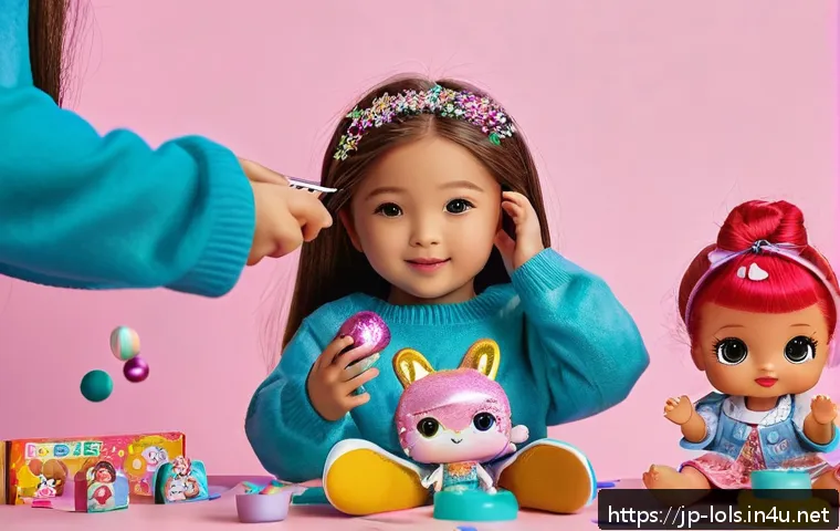 LOL 서프라이즈 장난감의 심리적 효과 - A colorful scene showing children excitedly unwrapping LOL Surprise dolls from their packaging, each...