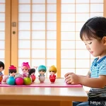 LOL 서프라이즈에 대한 학부모 리뷰 - A cozy indoor scene of a Japanese child aged about 4 years, playing carefully with LOL Surprise doll...