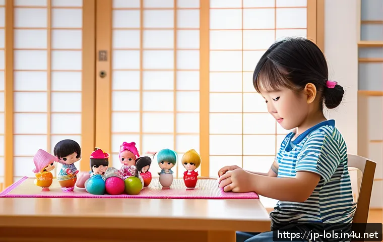 LOL 서프라이즈에 대한 학부모 리뷰 - A cozy indoor scene of a Japanese child aged about 4 years, playing carefully with LOL Surprise doll...