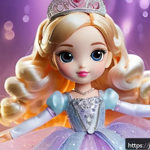LOL 서프라이즈 캐릭터 생성 배경 - A sparkling princess LOL Surprise doll wearing a glittering, elegant dress adorned with glowing acce...