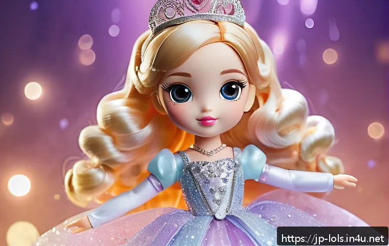 LOL 서프라이즈 캐릭터 생성 배경 - A sparkling princess LOL Surprise doll wearing a glittering, elegant dress adorned with glowing acce...