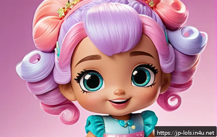 LOL 서프라이즈 캐릭터별 인기 투표 결과 - A vibrant LOL Surprise character with colorful, sparkling hair styled in playful curls, wearing a pa...