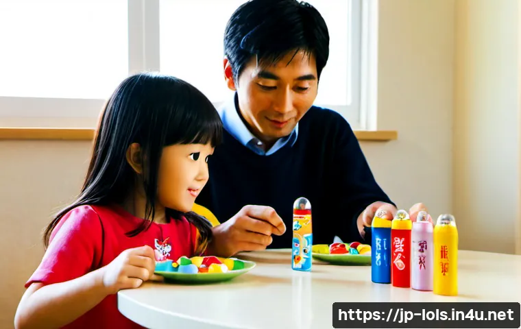 LOL 서프라이즈의 브랜드 충성도 조사 - Photorealistic Japanese family lifestyle scene, a parent and two school-age children seated at a cle...