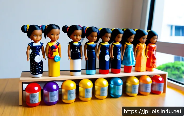 LOL 서프라이즈의 장난감 컬렉션 분석 - Photorealistic tabletop collection of colorful miniature fashion dolls and surprise-style toy capsul...