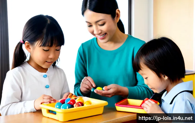 LOL 서프라이즈와 관련된 어린이 교육 프로그램 - Photorealistic Japanese preschool classroom, a warm and patient teacher guiding three children as th...